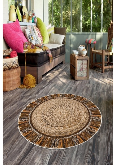 West Home Dijital Baskı Yıkanabilir Kaymaz Taban Yuvarlak Dekoratif Halı Wh 193 Beige
