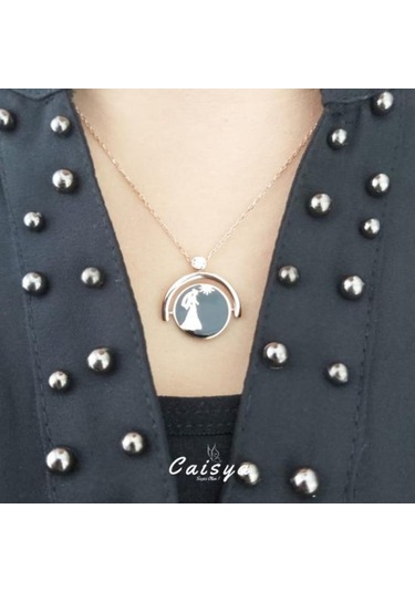 Çift Yönlü Siyah Gelin Damat Teklif Gümüş Kolye-Rose Gold