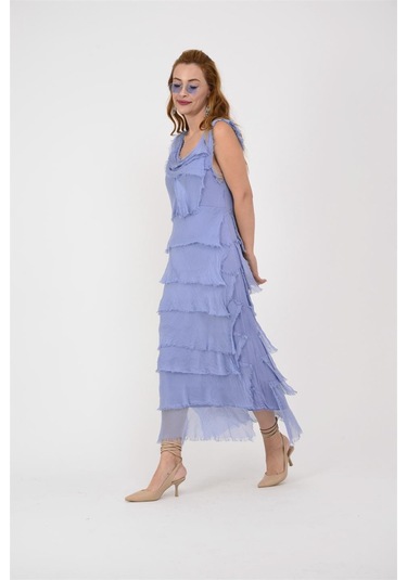 Italyan 2 Beden İnce Gösteren Kat Kat Kolsuz Ipek Elbise Mavi