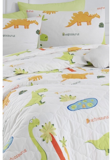 Eponj Home Enlora %100 Doğal Pamuk Kapitoneli Yatak Örtüsü Seti Çift Kişilik Dinolar Beyaz