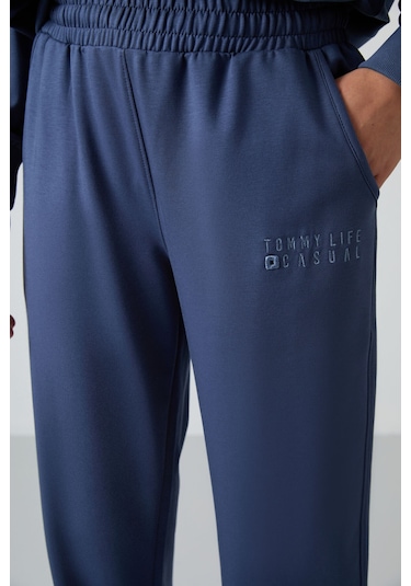 Tommy Life Petrol Basic Pamuklu O Yaka Oversize Lastik Paça Kadın Eşofman Takım - 95287 Petrol