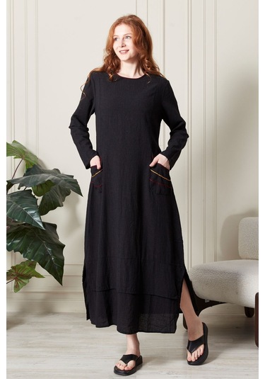 Cep İşlemeli Uzun Keten Elbise - Zarif Ve Rahat Siyah