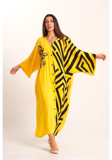 Kadın Sarı Desenli Garnili V Yaka Yarasa Kol Cepli Oversize Uzun Gömlek Elbise - Sarı