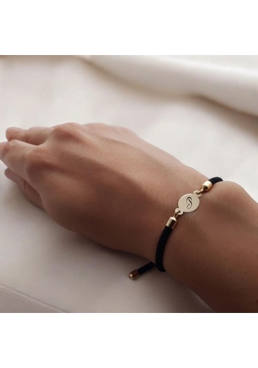 P Harfine Özel 14 Ayar Altın Plakalı Oval Motifli İpek Örgülü Hediye Bileklik-320harf-siyah Altın