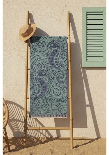 Turkuaz & Siyah Şeritli Poseidon %100 Pamuklu Plaj Havlusu 70x140 Cm Mavi