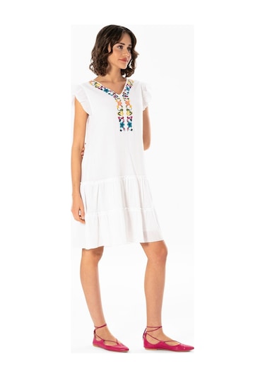 Kolsuz Şile Bezi Nakışlı Delfin Kısa Yazlık Otantik Elbise Beyaz Byz-beyaz
