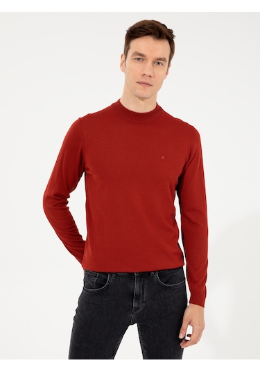 Cacharel Kiremit Slim Fit Çeyrek Balıkçı Yaka Basic Triko Kazak Kırmızı
