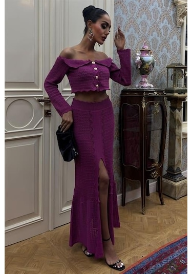 Madonna Yaka Derin Yırtmaç Etekli Şık Triko Takım 10099 Mürdüm