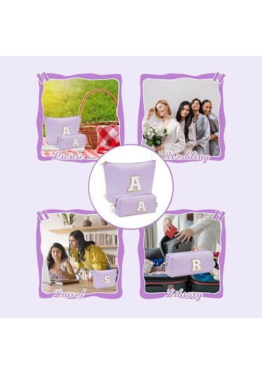 2 Parçalı Büyük Çizgili İlk Harfli Makyaj Çantası Seti - Şık Seyahat Tuvalet Çantası Ve Makyaj Düzenleyici, Makyaj Fırçaları İçin Sevimli Estetik Saklama Alanı, Kişiselleştirilmiş Hediyeler, Kadınlar İçin Kozmetik Çantası Mor B Mor-b