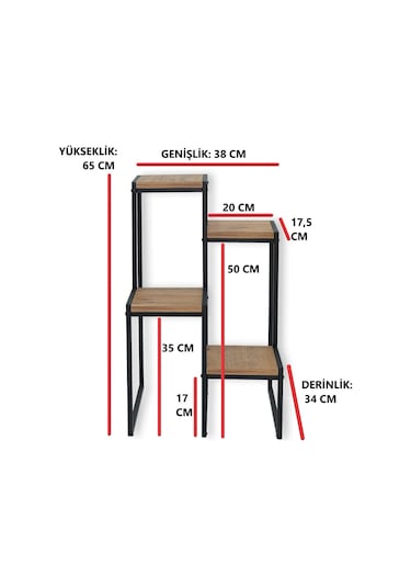 Metal Saksılık 4 Ahşap Raflı Dekoratif Saksı Standı Garden Çam