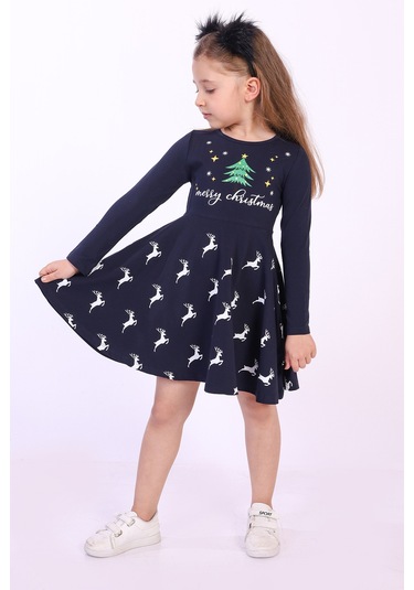 Toontoy Kız Çocuk Merry Chrıstmas Yazılı Geyik Baskılı Elbise Lacivert