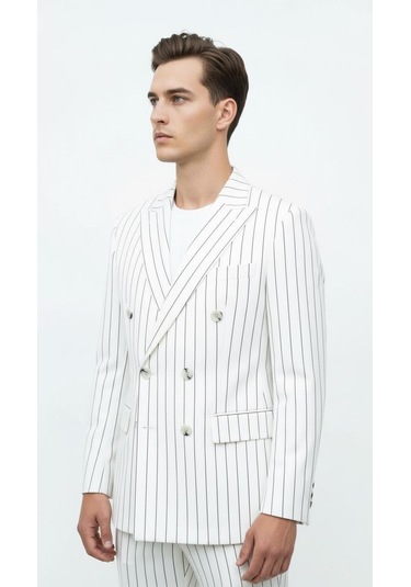 Plus Scorpion Beyaz Çizgili Erkek Kruvaze Blazer Ceket İtalyan Kesim, Modern Ve Zarif Şıklık Beyaz