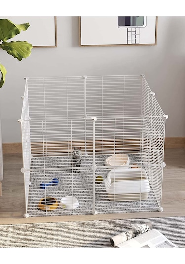 Hodbehod 16 Panel Beyaz Hayvan Oyun Kafesi Portatif Modüler Kedi Kuş Evcil Hayvan