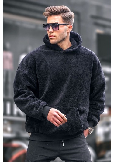 Siyah Peluş Kapüşonlu Erkek Sweatshirt 6050 Siyah