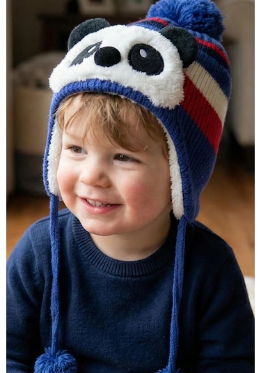 Bay Şapkacı - Sevimli Panda Tasarımlı Unisex Çocuk Kışlık Bere - 5900 Mavi