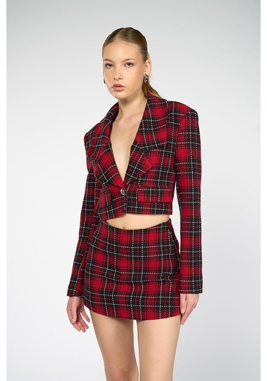 Kadın Kırmızı Ekoseli Crop Blazer Kırmızı