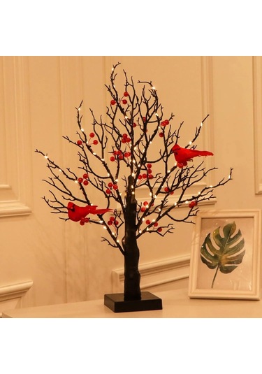 Geeroyoo Led Aydınlatmalı Kırmızı Kuş Ve Meyve Desenli Orman Dekorasyon Lambası - Noel, Yılbaşı, Partiler İçin Isıklı Ambiyans Oluşturucu Tahtaüstü Dekoratif Işık Kırmızı