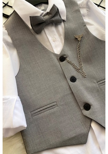 Zincirli Üç Düğme Erkek Çocuk Takım Elbise Gri