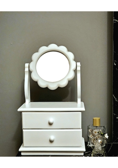 Çiçek Model Ahşap Hareketli Aynalı Beyaz Takı Makyaj Organizeri