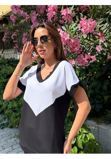 Munn Collection Kadın Kısa Kollu V Yaka Siyah Beyaz Renkli Viskon Iki Iplik Kumaş Eşofman Takımı Siyah