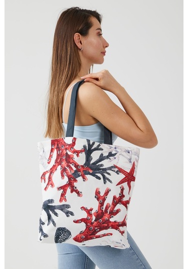 Ays Home Mercan Desen Bez Alışveriş Plaj Omuz Çantası Krem