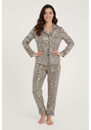 Luxury Viscose Siyah Beyaz Leopar Desenli Kadın Uzun Kollu Pijama Takımı 42570 LEOPAR