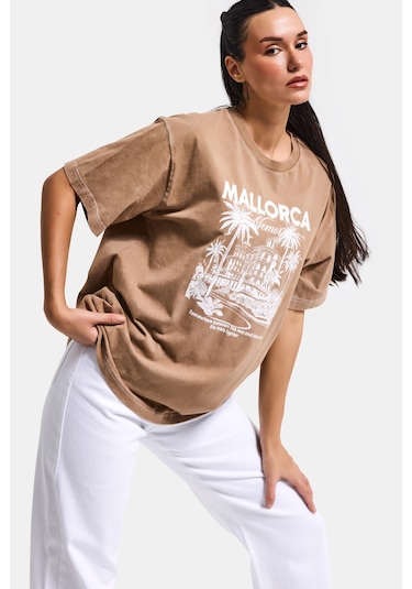 Itsbasic Kadın Kahve S6-16 Oversize Mallorca Baskılı %100 Koton T-shirt