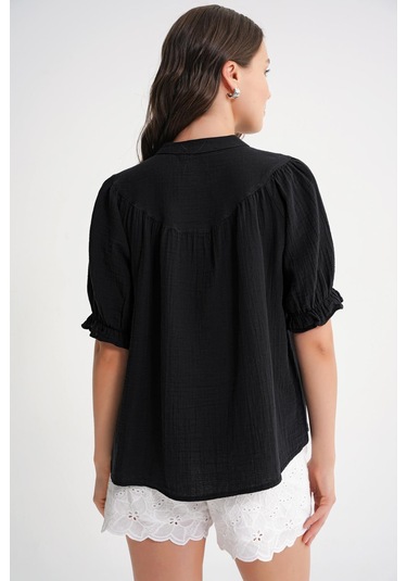 4725 Kadın Büzgü Robalı Kolu Fırfırlı Müslin Gömlek Siyah Siyah