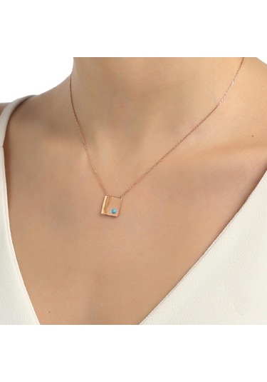 925 Ayar Rose Gümüş Mavi Taşlı Kare Kolye 531449680