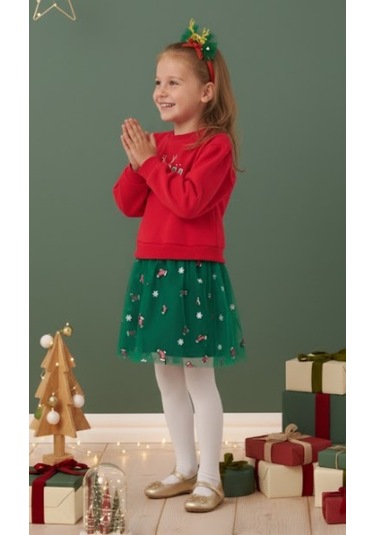 Kız Çocuk Joy Baskılı Tüllü Yıllbaşı Elbisesi Nbk-24908 Kırmızı