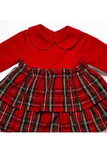 Çikoby Kız Bebek Bebe Yaka Ekose Desenli Elbise-14902 Kırmızı