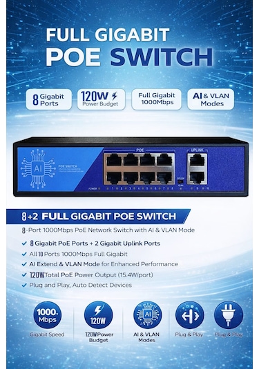 3dcool 3d-psf08-fg 10 Port Kamera Poe Switch 8xpoe 2xuplink Full Gigabit 120w 250mt