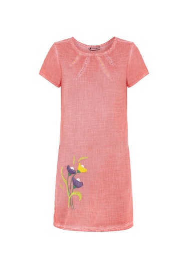 Pembe Çiçek İşlemeli Kısa Kollu Yazlık Astarsız Pamuklu Elbise Pembe