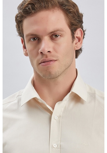 Erkek Uzun Kollu Bez Ayağı Sert Yaka Cepsiz Klasik Slim Fit Dar Kesim Gömlek 1004240230-bej Bej