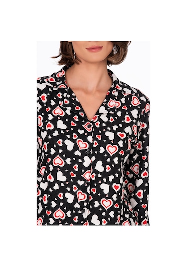 Kadın Süet Önden Düğmeli Pijama Takımı Kalpli Kırmızı Kalp