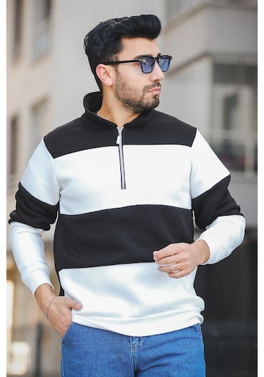 Oksit Arman Üç İplik Şardonlu Parçalı Fermuarlı Dik Yaka Slim Fit Erkek Sweatshirt 001