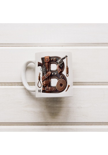 B Harfi Kovboy Temalı Bardak 330 Ml İsim / Harf Kişiye Özel Hediye - Vahşi Batı Konsept Beyaz