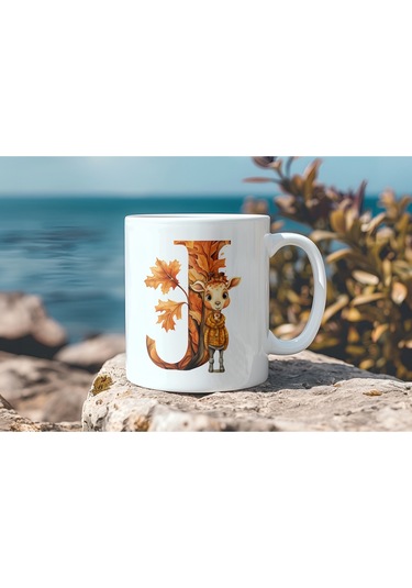 J Harf Sonbahar Yaprak Temalı Kupa Bardak - Sevimli Figürler İle Alfabe Harfli Bardak - Kişiye Özel Beyaz