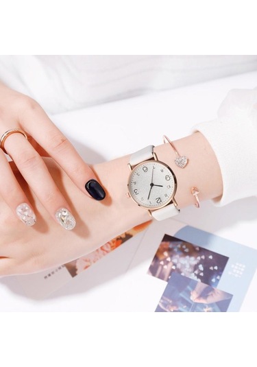 Pembe Lüks Kadın Bilezik Saatler Seti Bayanlar Basit Taklidi Bilezik Izle Moda Zarif Deri Kayış Kuvars Kol Saati Doğum Günü Hediyesi Kadınlar İçin