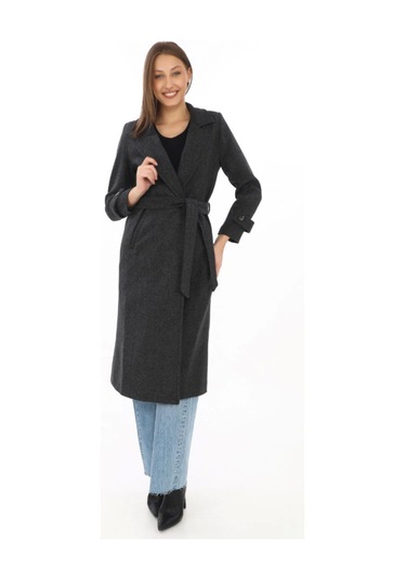 Astarlı Balık Sırtı Kaşmir Kaşe Kaban - Siyah Çok Renkli