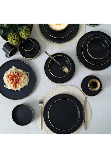 Keramika Mat Siyah Gold Fileli Stackable Yemek / Kahvaltı Takımı 20 Parça 4 Kişilik