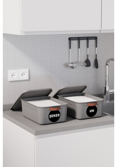 2 Li Bakliyat Erzak Saklama Kabı Un Şeker Saklama Kutusu Kapaklı Kulplu Plastik Saklama Kabı Gri