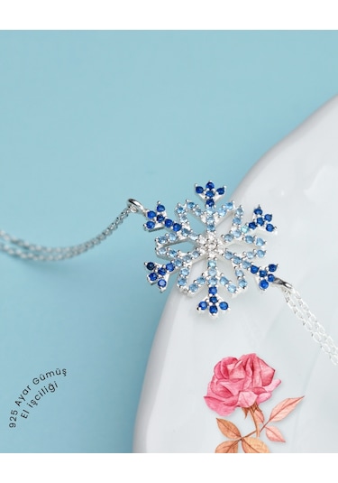 Brezza Lusso Jewelry Diamond Seri Aqua-safir Taşlı Kar Tanesi Snowflake Gümüş Bileklik
