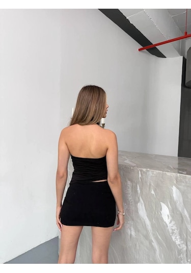 Esilamoda Kadın Siyah Halter Yaka Bluz