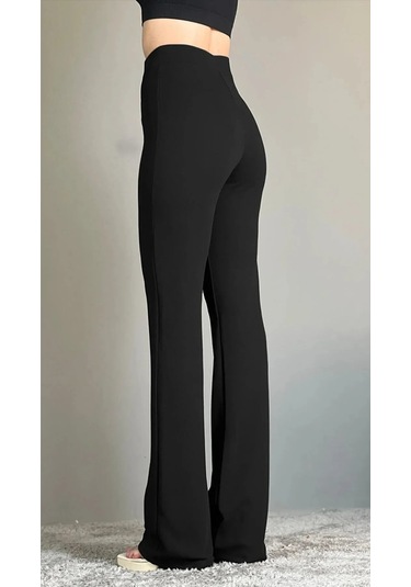 Krep Kumaş Likralı Önü Çimalı Kahverengi Kadın Palazzo Pantolon Siyah