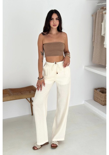 Beli Lastikli Geniş Paça Pantolon Ekru Ekru