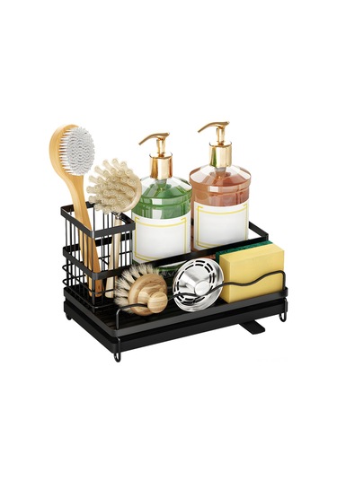 Yaozixa Paslanmaz Çelik Mutfak Sünger Tutucu - Ayarlanabilir Su Çıkışlı Ve Çıkarılabilir Fırça Askılı Siyah