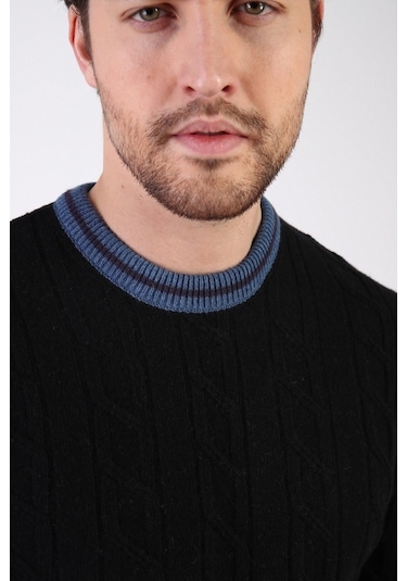 Ferraro Siyah/Indigo Bisiklet Yaka %100 Kuzu Yünü Erkek Kazak Siyah Indigo İndigo - Siyah