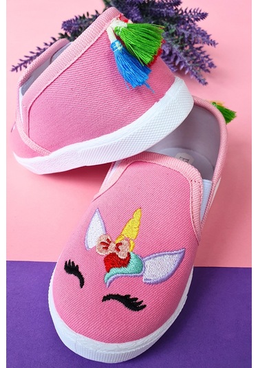 Unicorn Nakışlı Çocuk Keten Babet Ayakkabı-pembe-f-492 Pembe