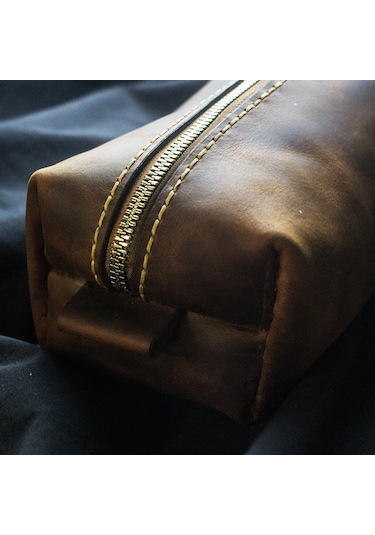 El Yapımı Hakiki Deri Dopp Kit Crazy Deri, Fermuarlı Seyahat Çantası